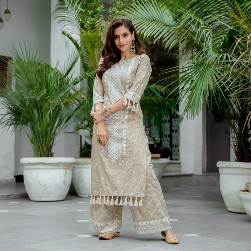 Buy Beige Kurta Palazzo Co-ord Set with Tassel Details Rustorange