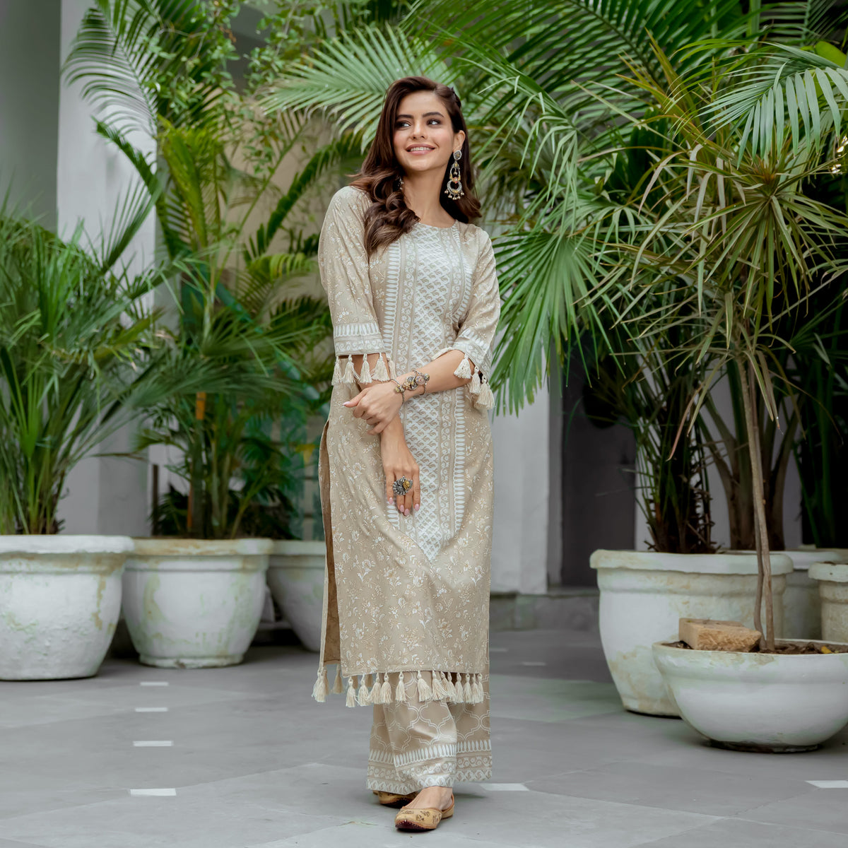 Beige Kurta Palazzo Co-ord Set with Tassel Details