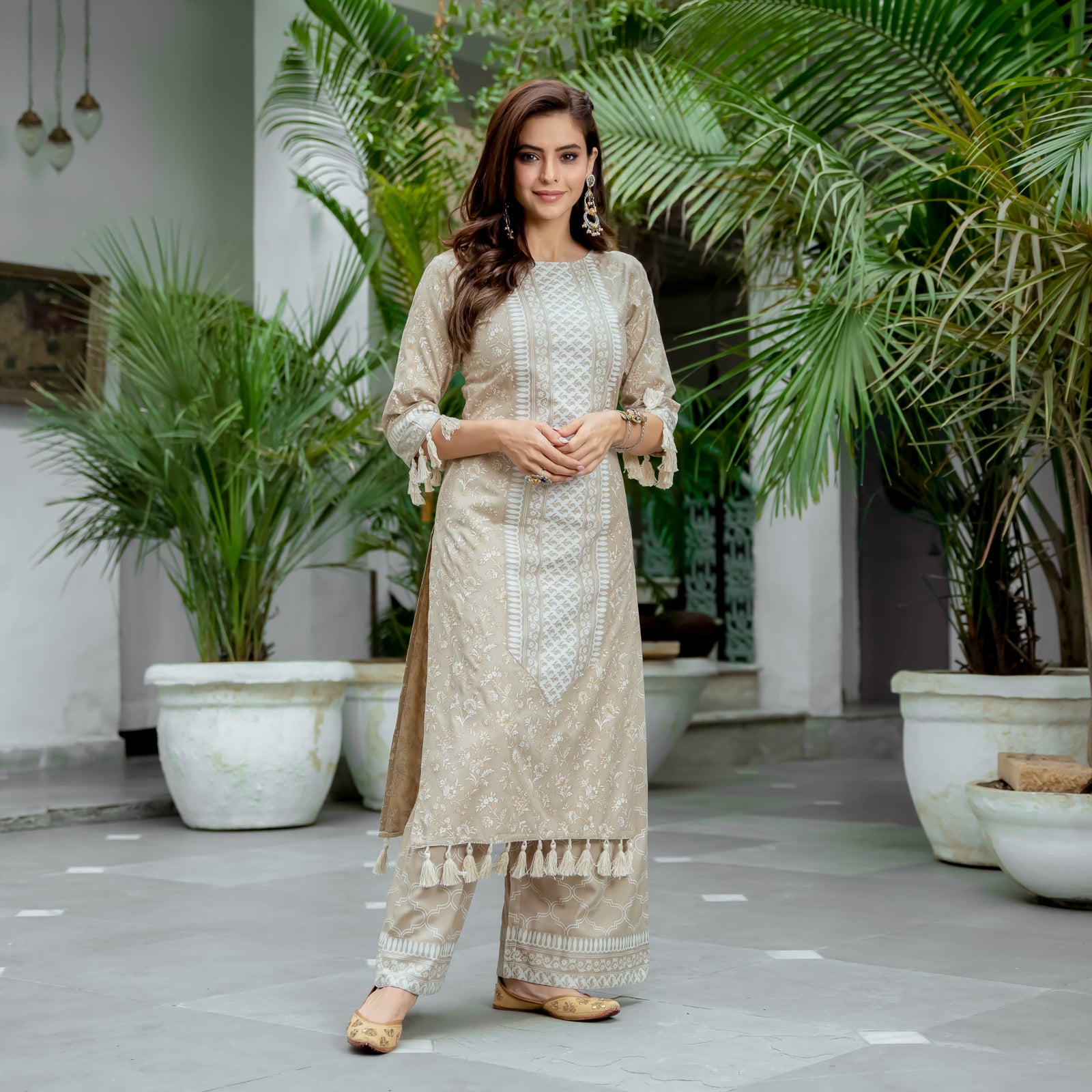 Elleven Women's Beige with Lurex Stripes Kurta and Palazzo Co-ord Set