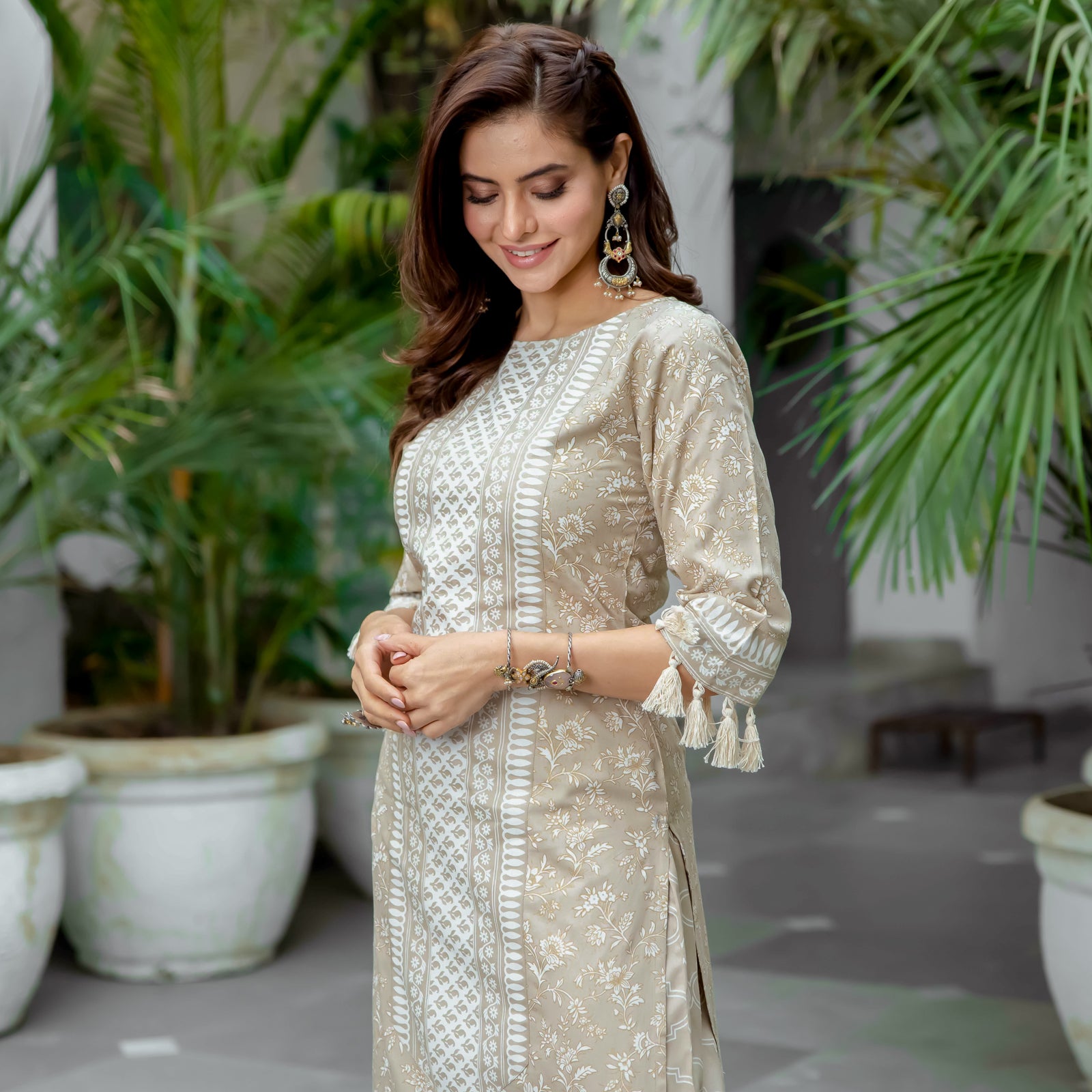 Women Beige Kurta and Palazzo Set Pure Cotton