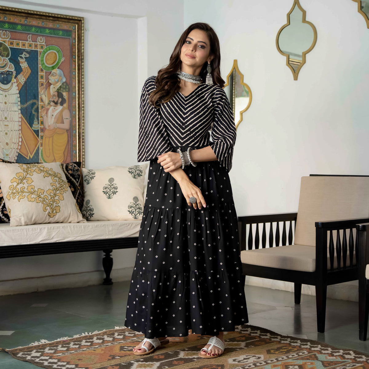 Black Bandhani & Stone Printed Tiered Dress with Flared Sleeves