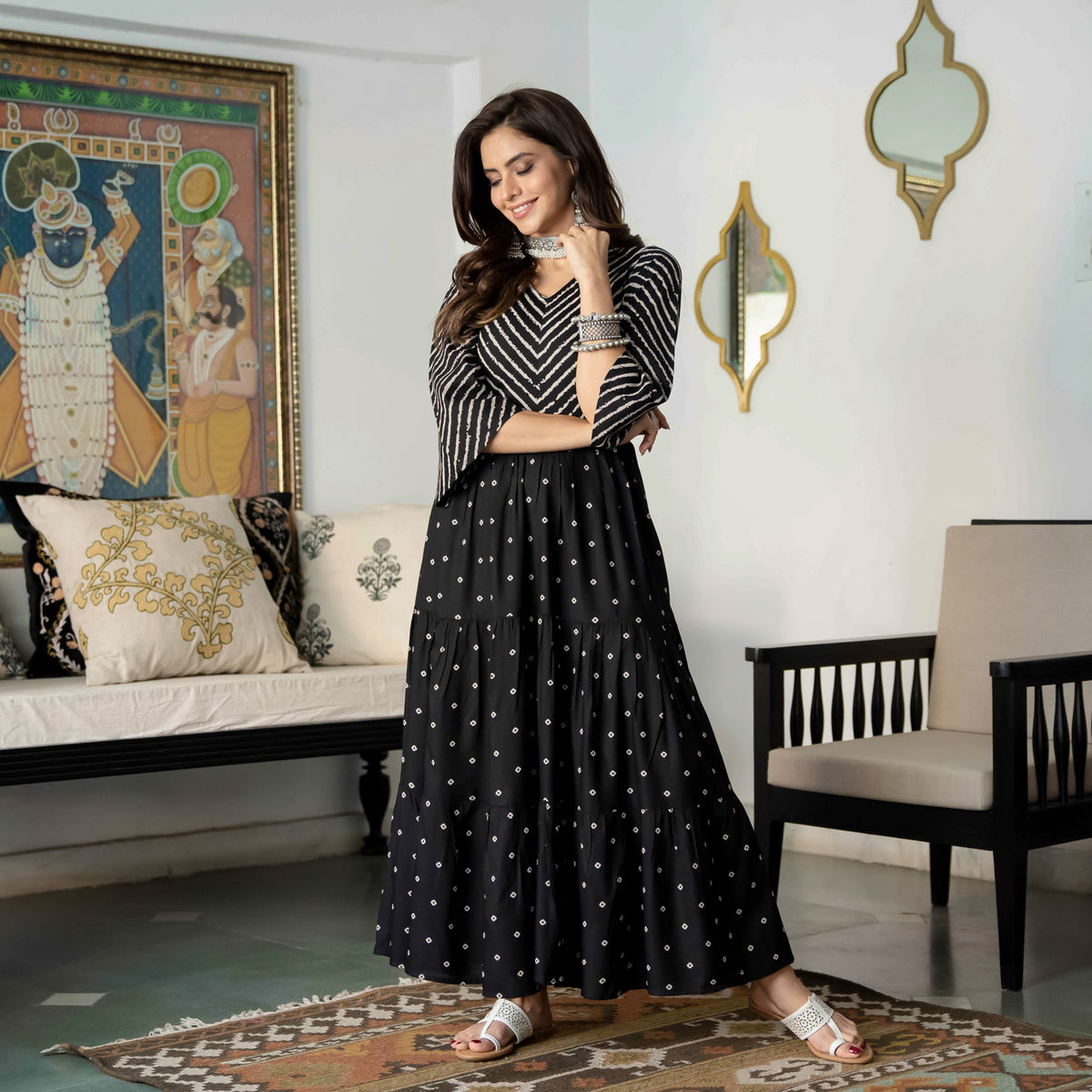 Black Bandhani & Stone Printed Tiered Dress with Flared Sleeves