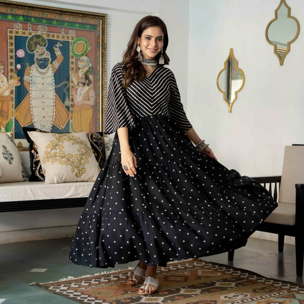 Black Bandhani & Stone Printed Tiered Dress with Flared Sleeves