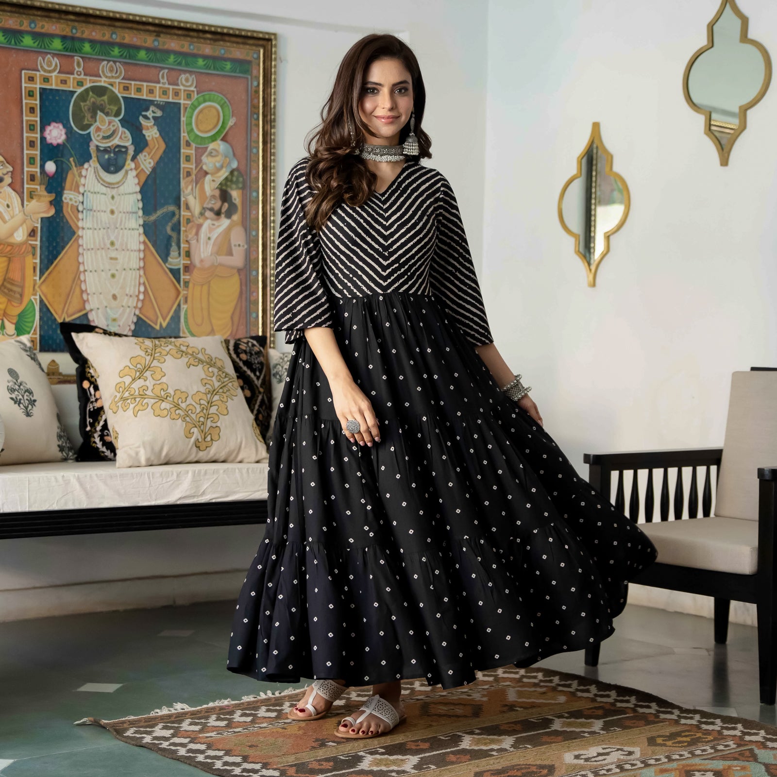Buy Black Bandhani & Stone Printed Tiered Dress with Flared Sleeves