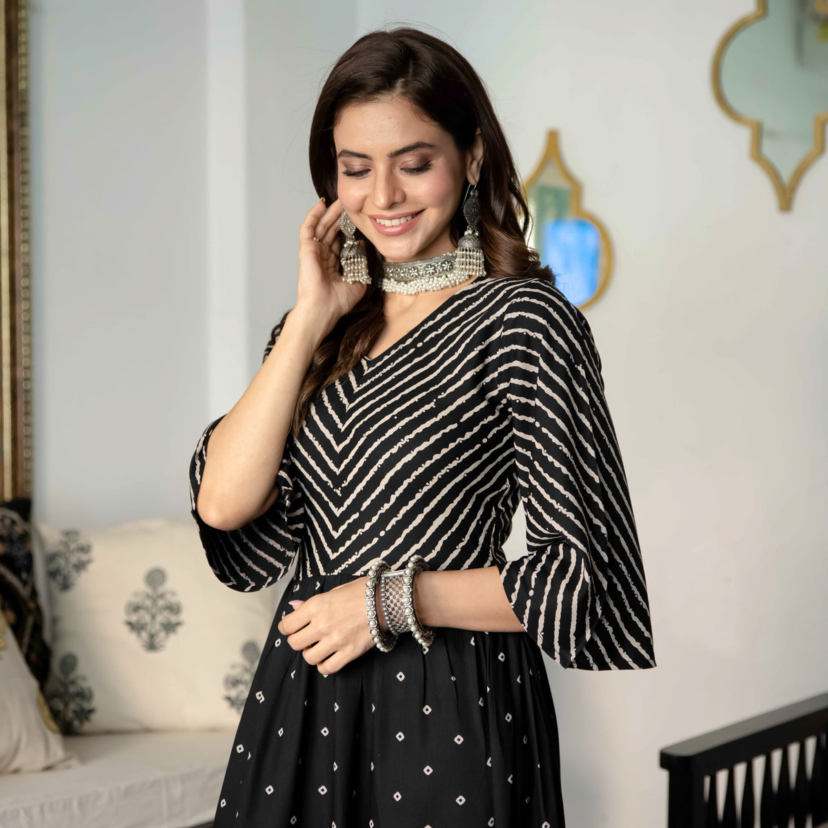 Black Bandhani & Stone Printed Tiered Dress with Flared Sleeves