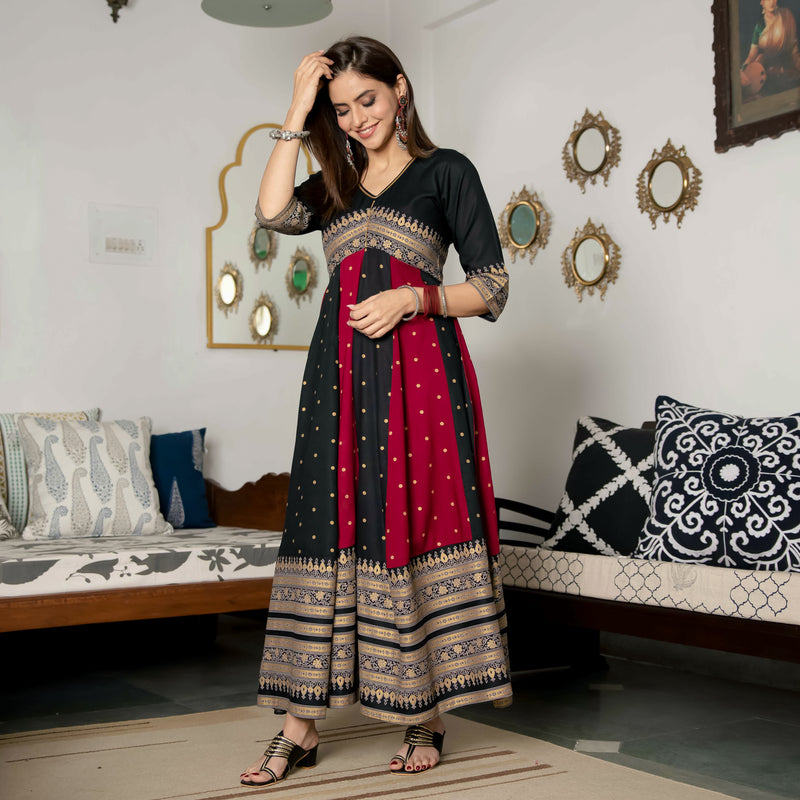 Black & Maroon Long Kalidaar Dress with Border Details