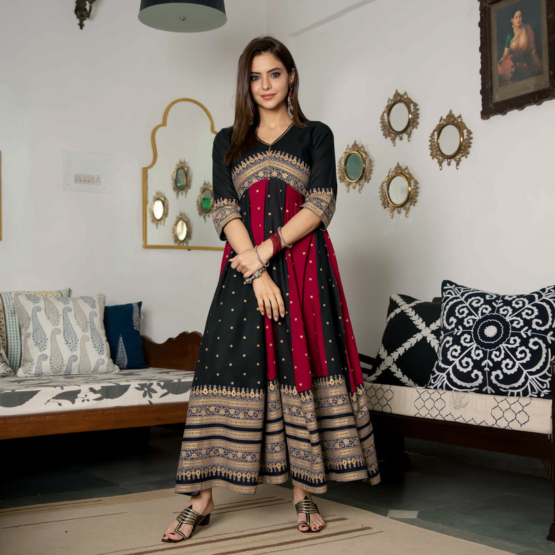 Black & Maroon Long Kalidaar Dress with Border Details