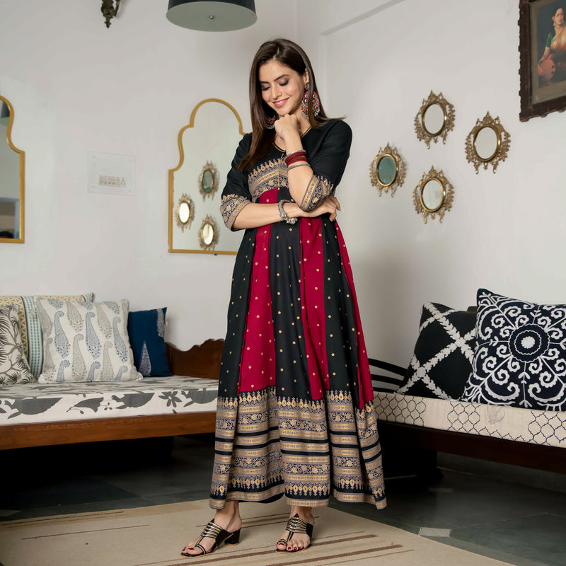 Black & Maroon Long Kalidaar Dress with Border Details