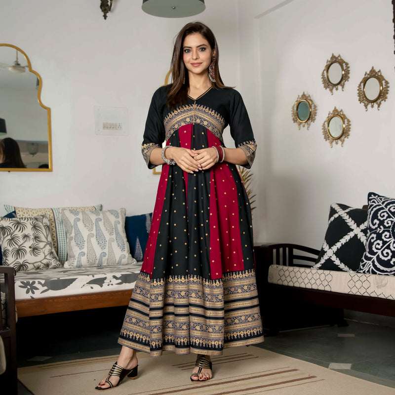 Black & Maroon Long Kalidaar Dress with Border Details