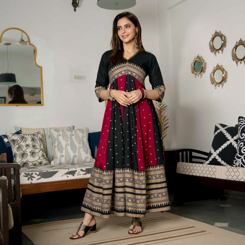 Black & Maroon Long Kalidaar Dress with Border Details