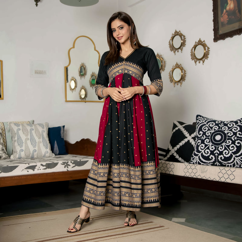 Black & Maroon Long Kalidaar Dress with Border Details