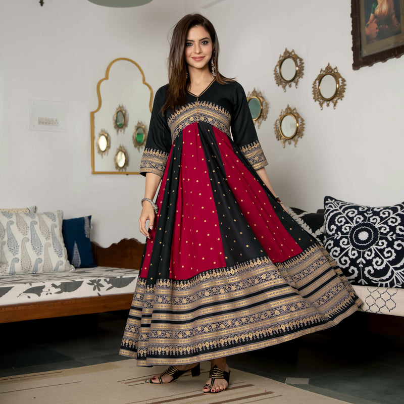 Black & Maroon Long Kalidaar Dress with Border Details