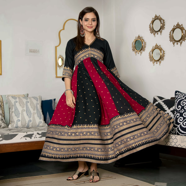 Black & Maroon Long Kalidaar Dress with Border Details