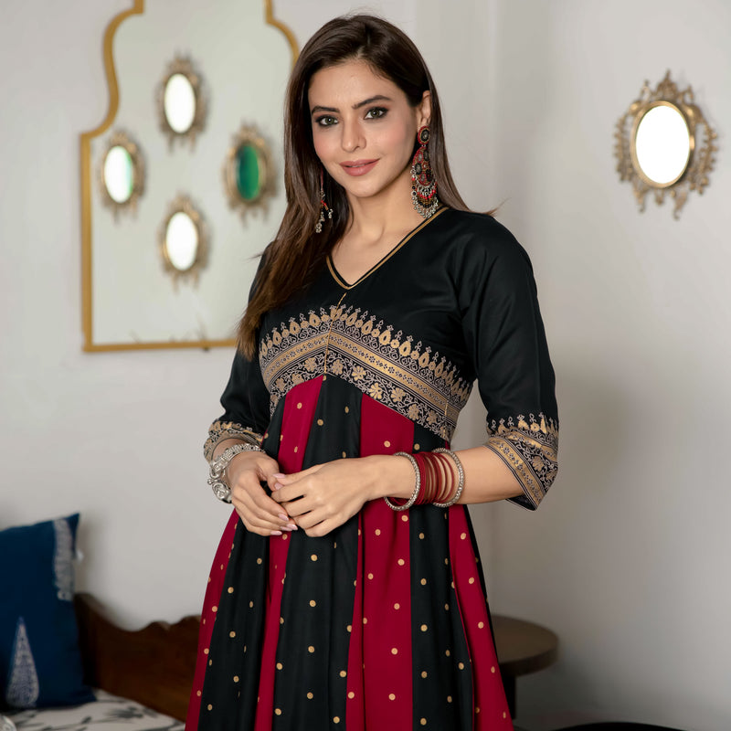 Black & Maroon Long Kalidaar Dress with Border Details