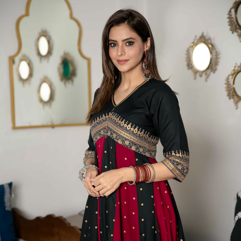 Black & Maroon Long Kalidaar Dress with Border Details