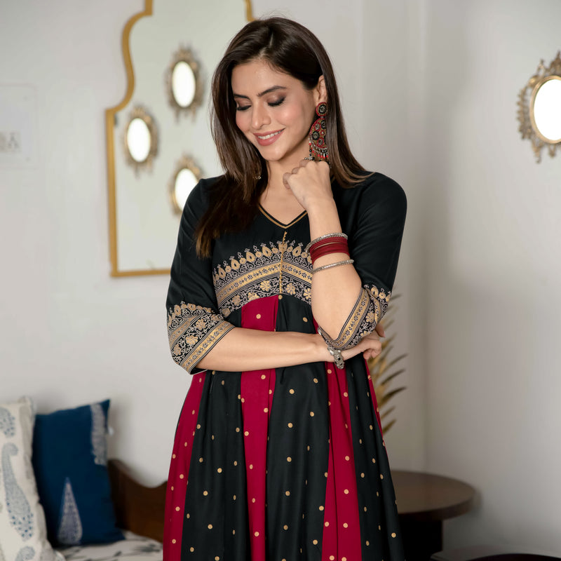 Black & Maroon Long Kalidaar Dress with Border Details