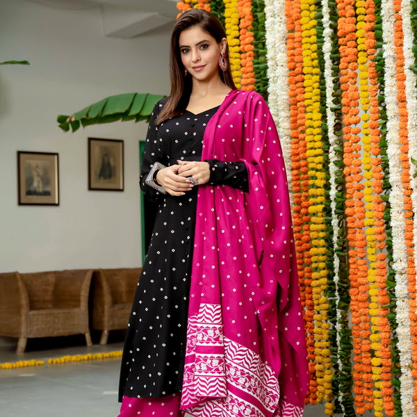 Black & Pink Buttoned Kurta Dupatta Pant Set with Pompoms