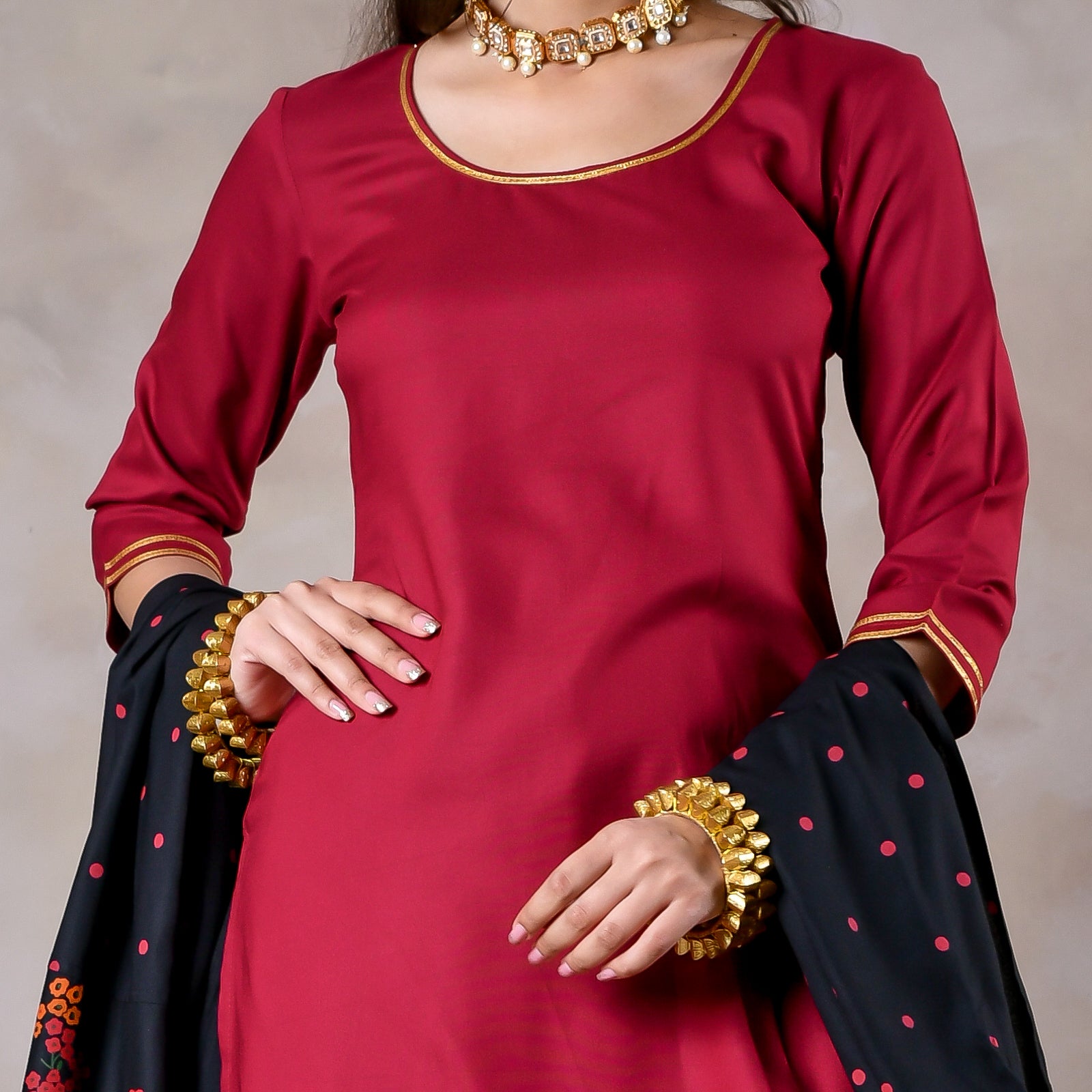 maroon Cotton Kurta palazzo set with net dupatta